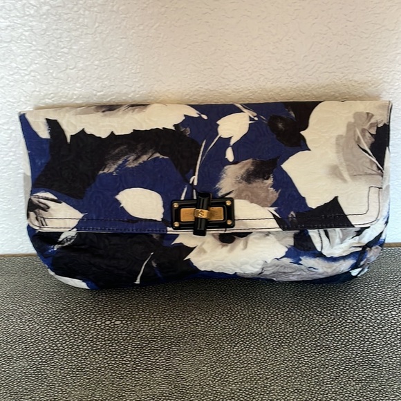 LANVIN Cobalt/Grey/Black/Ivory Printed Jacquard “Happy” Antique Hardware Clutch - Picture 2 of 8